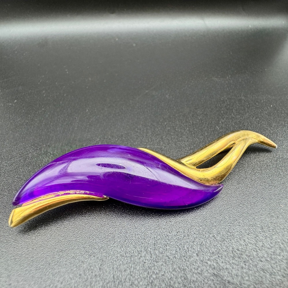 Parklane Gold Tone Purple Abstract‎ Mens Brooch Pin 4 in 25g Statement Art Deco